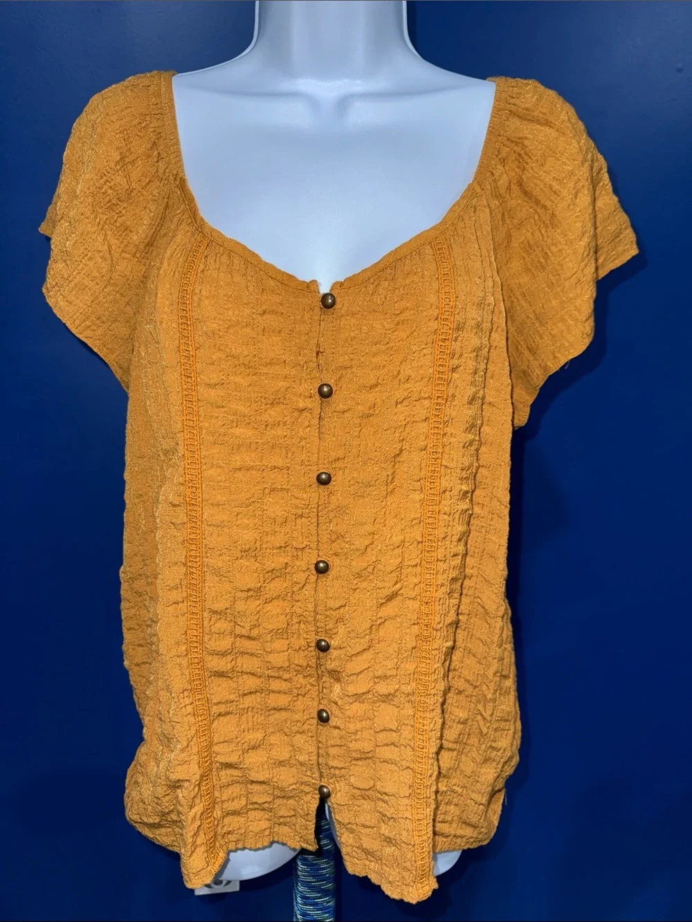 Rewind -Mustard Front Button Textured Boho Top Size XL